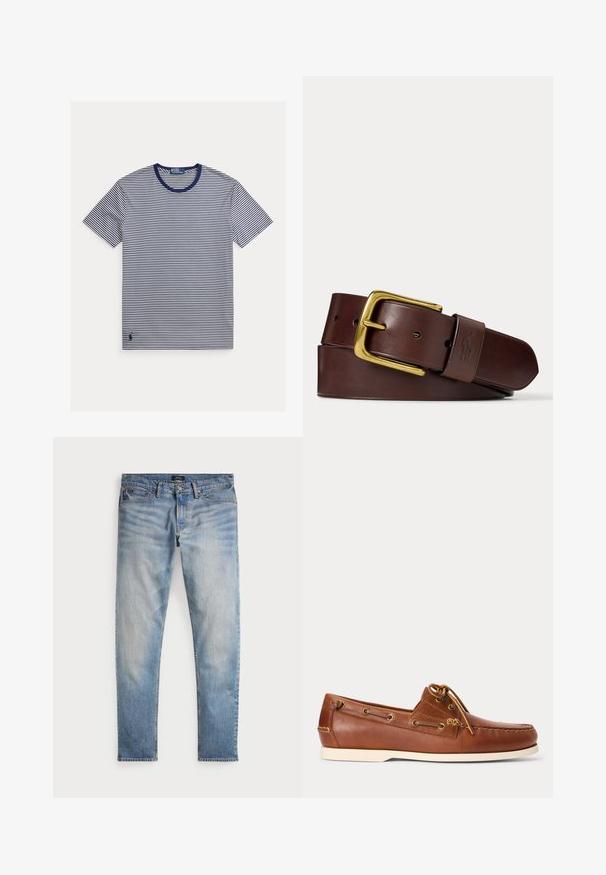 Marineblauw-wit gestreept T-shirt, ronde hals, korte mouwen, katoenen stof, met een klein logo aan de onderzijde links.; Lichtblauwe denim jeans met een vervaagde afwerking, vijfzakkenontwerp en contrasterende stiksels. Heeft een ritssluiting en riemlussen. Rechte snit.; Bruine leren bootschoen met witte zool, veter gestrikt bovenaan en metalen veterogen langs de zijkanten en voorste stiksels.; Bruine leren riem opgerold met een gouden rechthoekige gesp en een leren lus met een reliëf paard en ruiter logo.