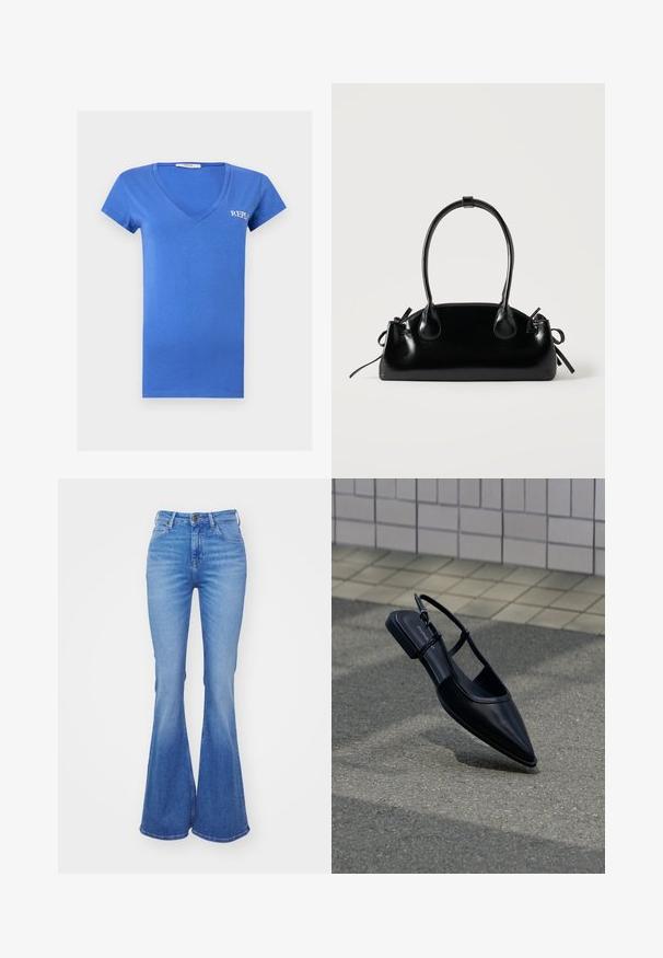 T-shirt bleu à manches courtes et col en V avec petit logo blanc "REPLAY" sur la poitrine gauche, présenté sur un fond clair uni.; Jean claires à pattes d'éléphant en denim, présentant une taille haute, cinq poches et un léger dégradé vers l'ourlet. Fermeture par un bouton en métal argenté.; Chaussure plate noire à bout pointu avec bride arrière, flottant au-dessus d'une surface en bitume à côté d'un trottoir carrelé.; Petit sac à main noir brillant avec deux longues anses et des détails à cordon sur les côtés sur un fond clair uni.