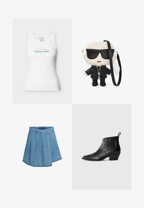 Witte geribbelde mouwloze Calvin Klein tanktop met groene tekst "New York City Calvin Klein Established 1968" op de voorkant.; Denim rok in lichtblauw met geplooid ontwerp, metalen knoopsluiting en geborduurd detail aan de zoom. Gladde textuur en A-lijn vorm.; Zwarte leren enkellaars met een spitse neus, gequilt paneel aan de zijkant en een lage blokhak. Subtiele branding aan de zijkant.; Pluche handtas ontworpen als een karakter met een zwart-wit kleurenschema, met een leren jas, zonnebril en een afneembare schouderband.