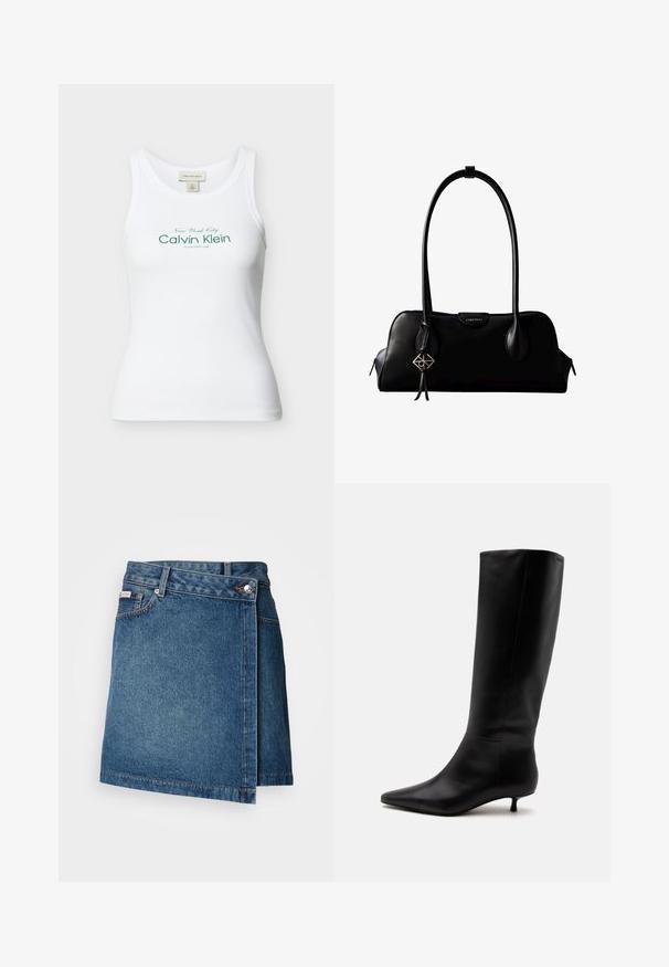 Hvid ribbet, ærmeløs Calvin Klein tanktop med grøn tekst "New York City Calvin Klein Established 1968" på forsiden.; Denim nederdel i mellemblå med wrap-design, der har en knap- og lynlåslukning, samt synlig stikning langs kanten.; Sort læder knæhøj støvle med spids snude og lav kittenhæl mod en ensfarvet lys baggrund.; Sort lædertaske fra Calvin Klein med lange håndtag, en forside-logo-tag og en sølv geometrisk vedhæng, der hænger fra det ene håndtag.