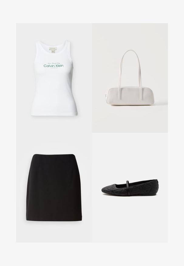 Camiseta de tirantes blanca acanalada de Calvin Klein con texto verde "New York City Calvin Klein Established 1968" en la parte delantera.; Falda negra con una silueta ajustada, hecha de una tela suave. Presenta sutiles pliegues frontales y un diseño de longitud a mitad del muslo.; Zapato plano negro con punta redondeada, patrón geométrico en relieve y una sola tira fina en la parte superior, mostrado en perfil lateral.; Bolso de hombro rectangular blanco con correas largas y delgadas, costuras mínimas y cierre de cremallera sobre un fondo liso.