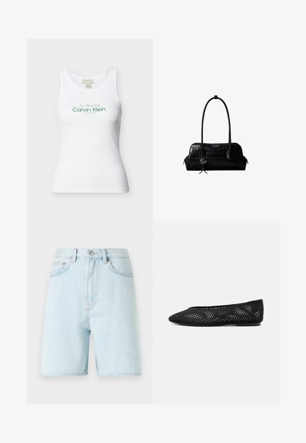 Débardeur Calvin Klein blanc côtelé sans manches avec texte vert « New York City Calvin Klein Established 1968 » sur le devant.; Shorts en denim bleu clair à taille haute, avec un design à cinq poches et une fermeture par bouton en laiton. Présente des coutures discrètes et des bords effilochés.; Chaussure plate en mesh noir avec bout fermé et petit talon, présentant un design tissé respirant et un logo discret sur le côté.; Sac à épaule en cuir noir à texture crocodile, avec de longues sangles et un petit charm logo argenté sur une sangle.