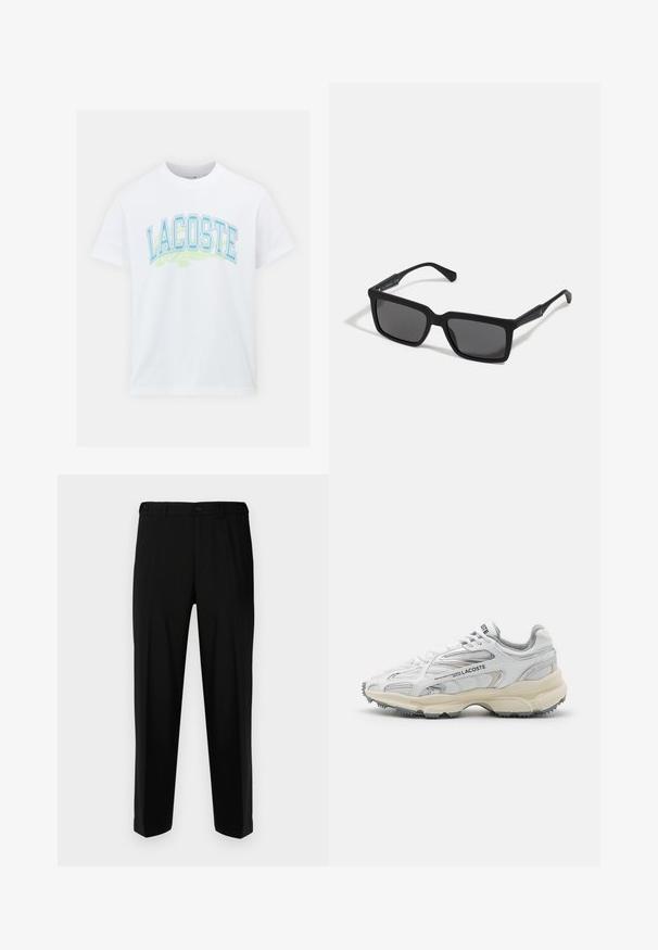 T-shirt en coton blanc avec un graphique textuel "LACOSTE" en bleu et vert sur le devant, accompagné d'un accent crocodile en dessous. Design classique à col rond.; Pantalon noir en tissu lisse, présentant une coupe droite, deux poches avant et une fermeture à glissière avec bouton.; Baskets de sport blanches avec des accents gris, tige en maille et synthétique, design à lacets et semelle en caoutchouc texturée avec motifs de traction.; Lunettes de soleil noires avec des verres rectangulaires, finition mate, épaisses montures et branches fines comprenant un subtil détail de marque.
