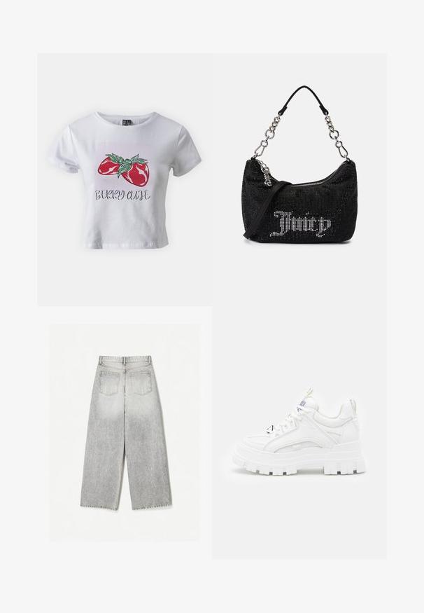 Pieces PCSELIA O NECK BABY TEE BOX - T-shirt print - bright white; Grijze denim spijkerbroek met wijde pijpen en een vervaagde afwerking, met twee achterzakken en een onafgewerkte zoom.; Witte chunky sneakers met een textuur bovenkant, gevoerde kraag en dikke, gegroefde zool. Voorzien van contrasterende zwarte veters en merkaanduiding.; Zwarte tas met rhinestone versieringen, een gebogen vorm en een zilveren kettinghandvat. Voorzien van een rits en het "Juicy" logo in het wit.
