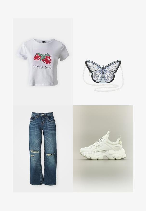 Pieces PCSELIA O NECK BABY TEE BOX - Tričko s potlačou - bright white; Modré džínsy so širokým strihom, s poškodenými miestami, roztrhnutými časťami nad kolenami a klasickým zapínaním na gombík a zips.; Biele robustné tenisky s hrubou textúrovanou podrážkou, sieťovinovým a koženým zvrškom, zapínanie na šnúrky a pútka na jazyku a päte.; Kabelka v tvare motýľa so svetlomodrým telom, detailnými bielymi krídlami, čiernymi akcentmi a perlovo vyzerajúcim reťazovým popruhom. Zipsové uzatváranie na boku.