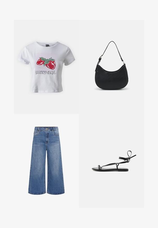 Pieces PCSELIA O NECK BABY TEE BOX - T-Shirt print - bright white; Weite blaue Denim-Jeans mit hoher Taille, ausgestattet mit einem Knopfverschluss, fünf Taschen und dezenten Auswaschungen. Gekettelter Saum mit klassischem Design.; Schwarze flache Sandale mit dünnen Riemen und einem Knöchelwickeldesign auf schlichtem hellem Hintergrund.; Schwarze Hobo-Tasche aus glattem Leder mit einer geschwungenen Silhouette, ausgestattet mit einem einzelnen verstellbaren Trageriemen und minimalistischem Design.