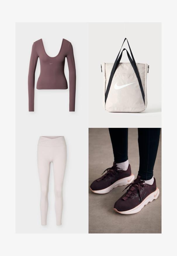 Langærmet top i mørk mauve stof med en dyb rund halsudskæring og et diskret Nike-logo på brystet. Glat tekstur, tætsiddende design.; Lyse beige, sømløse leggings med høj talje og et krydset taljebåndsdetalje, vist fladt mod en hvid baggrund.; Mørkerøde sportssko med en tekstureret strikoverdel, hvid sål og sort Nike-logo. Har runde snørebånd og mønstrede snørehuller.; Beige Nike tote taske med stort hvidt swoosh-logo og lange sorte skulderstropper, frontlomme med lynlås, stående oprejst på ensfarvet baggrund.