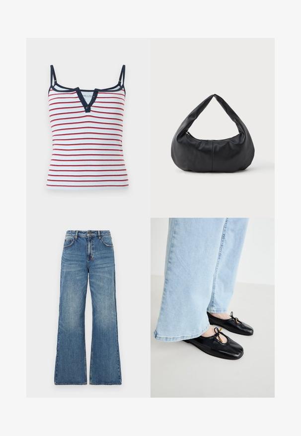 Hvid ribbet undertrøje med røde horisontale striber, mørkeblå kant, tynde justerbare stropper og en V-hals med knapper.; Lys blå denim jeans med høj talje, brede udvidede ben og klassisk fem-lomme design. Bleg tekstur med synlige syningsdetaljer.; Sorte læder balletflade med rund tå, der har udskæringer og sløjfekvaster, båret med lyseblå viddejeans.; Sorte bløde læder halvmåneformet håndtaske med et tykt, polstret håndtag og lynlås lukning i toppen.