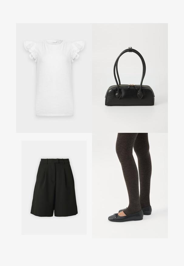 Valge lühike kleit volangidega silmaauguliste varrukatega ja ümar kaelus, esitatud ühevärvsel taustal.; Vero Moda Tall VMBECCA BERMUDA - Lühikesed püksid - black; Jalad seljas tumedad soonelises soonelises kombines mustade baleriinadega, millel on väikesed paelade detailid valgel taustal.; Must mustroheline nahast käekott kahe pikema käepidemega, lukuga ja ümar kuju; sile tekstuur kerge läikiva viimistlusega.