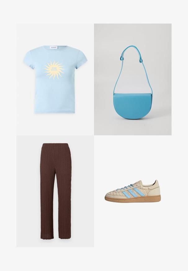 Lyseblå T-shirt med korte ærmer med en gul solgrafik og teksten "CLUB SOLEIL" trykt midt på fronten.; Brune strikkede bukser med et tekstureret mønster, der har elastisk linning og lige, løstsiddende ben. Letvægts, åndbart stof.; Beige sneakers med en tekstureret strik-overdel, lyseblå striber og brun gummisål. Har runde snørebånd og logodetalje på siden.; Blå, halvcirkelformet håndtaske lavet af glat læder med en enkelt justerbar rem og minimalistisk design. Overfladen er blank med rene kanter.