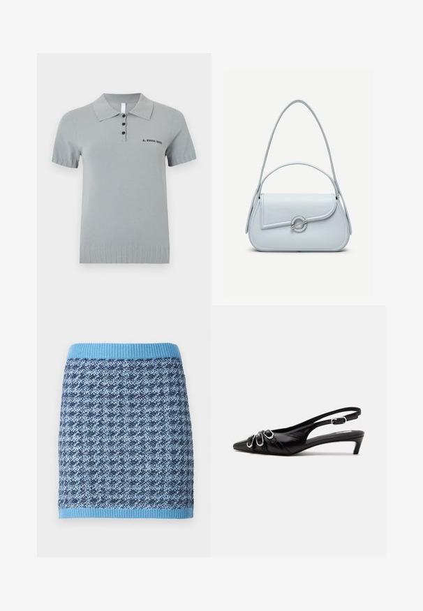 Lichtgrijs poloshirt van gebreide stof, met een kraag, korte mouwen en drie zwarte knopen. "A. ROEGE HOVE" in zwart gedrukt.; Gebreide rok met een geometrisch patroon in tinten blauw, voorzien van een geribde lichtblauwe tailleband en een gestructureerde stofafwerking.; Zwarte leren slingback schoen met puntige neus, drie zilveren gespen aan de voorkant en lage kittenhak op witte achtergrond.; Lichtblauwe leren handtas met een afgeronde klep, zilveren ronde sluiting en twee schouderbanden tegen een effen achtergrond.