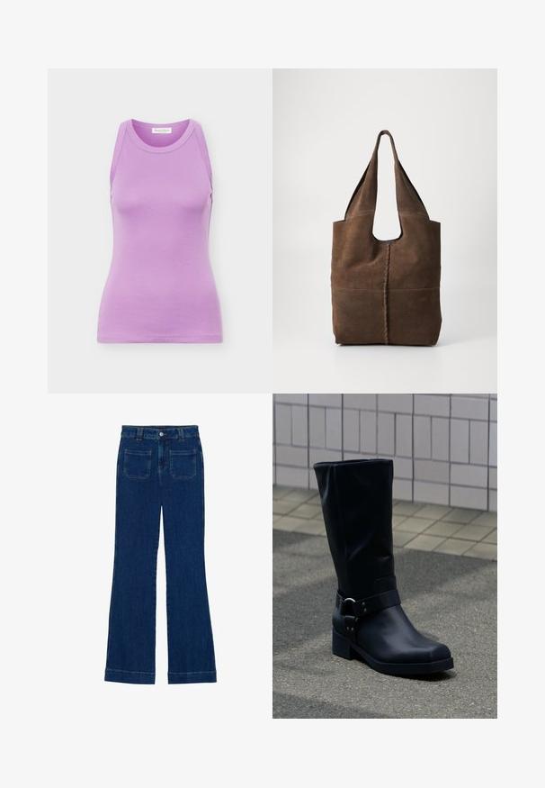 Ærmeløs lavendel dame-top med rund halsudskæring og tætsiddende silhuet, lavet af glat stof, vist på ensfarvet baggrund.; Mørkeblå flared jeans i denim med en glat tekstur, fem-lomme design og en knaplukning i taljen.; Sort læderstøvle midt på læggen med lav blokhæle og en dekorativ rem med metal spænde rundt om anklen, på en flisebelagt fortov.; Brun ruskind tote taske med et afslappet design, der har to lange håndtag, en central søm og en rå kantfinish.