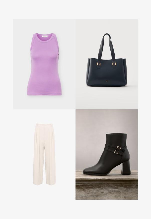 Camiseta sin mangas para mujer en color lavanda, con cuello redondo y silueta ajustada, confeccionada con tela suave, mostrada sobre un fondo liso.; Pantalones de pierna ancha en un color beige claro. Confeccionados en una tela suave y texturizada, con doble pinza y un diseño de cintura alta.; Botín negro de tobillo hecho de cuero liso, con dos correas con hebillas y un tacón cuadrado con un ligero acento translúcido.; Bolso tote de cuero negro con dos asas y detalles metálicos en tono dorado, mostrado sobre un fondo gris claro.