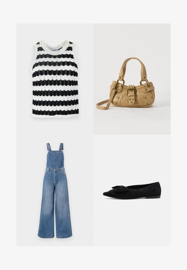 Gestreiftes ärmelloses Strickoberteil in Schwarz und Weiß mit rundem Halsausschnitt, das ein texturiertes Muster und einen gewellten Saum aufweist.; Denim-Latzhose in Hellblau mit weitem Bein, verstellbaren Trägern, einer vorderen Tasche und silberner Hardware. Der Stoff weist eine feine Textur auf.; Schwarze Wildleder-Ballettschuhe mit spitzem Zeh und einer großen Schleifendetail vorne. Minimalistisches Design und niedrige, flache Sohle.; Beige Lederhandtasche mit doppelten Griffen, Messingschnalle und Nieten, sowie verstellbarem Schultergurt vor weißem Hintergrund.