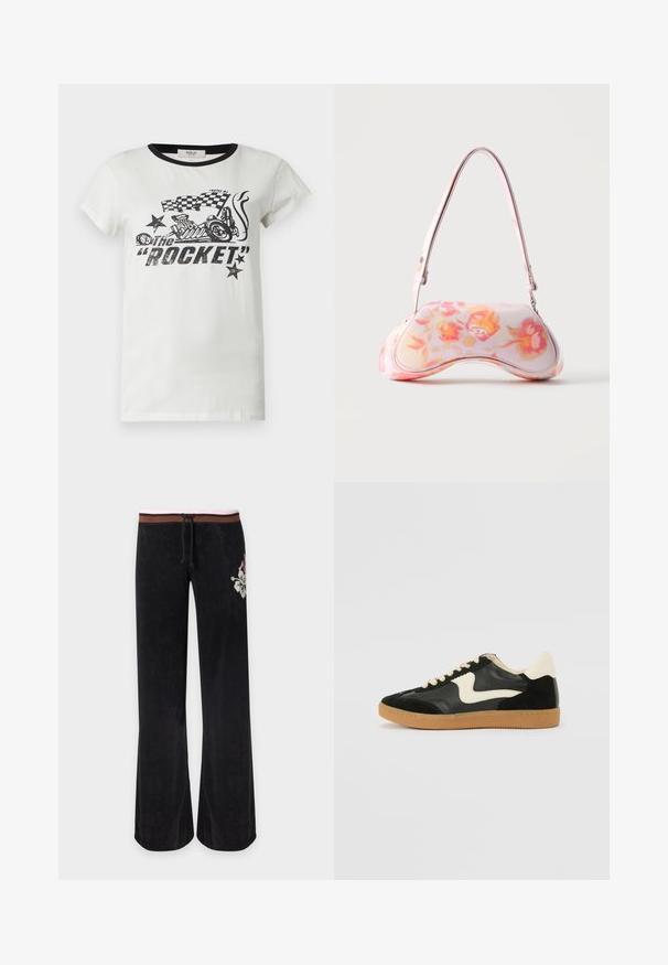 Wit T-shirt met korte mouwen met zwarte bies bij de kraag en zwarte afbeelding van een racemotor, geruite vlaggen, sterren en tekst "The Rocket."; Zwarte broek met brede pijpen en een bruin-roze gestreepte tailleband, trekkoord en witte bloemenborduursel op de rechterheup.; Zwarte suède en leren sneaker met een crèmekleurige zij-swoosh en lichte crèmekleurige hiel. Voorzien van beige veters en een gumrubberen zool.; Kleine handtas met een gebogen vorm met een roze en oranje bloemenpatroon en een enkele schouderriem tegen een effen achtergrond.