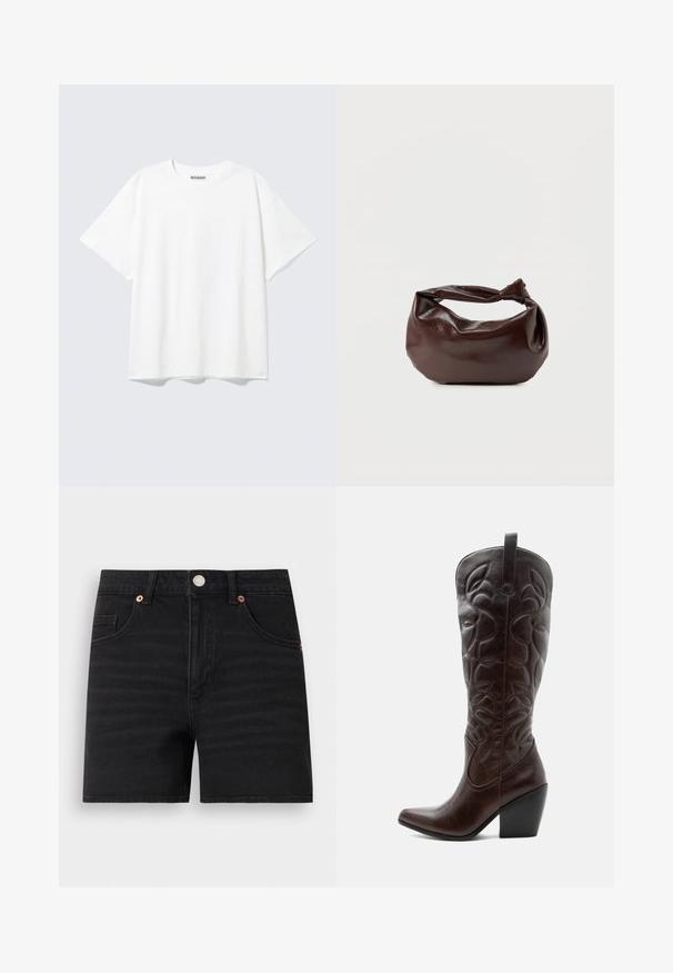 Camiseta blanca de manga corta con cuello redondo y un ajuste holgado, con una etiqueta "WEEKDAY" en la parte interior trasera del cuello.; Pantalones cortos de denim negro con cierre de botones en la parte delantera, trabillas para cinturón, dos bolsillos delanteros y un pequeño bolsillo para monedas, mostrados planos sobre un fondo blanco.; Bota vaquera alta de cuero marrón oscuro con patrones decorativos cosidos, punta puntiaguda y tacón de bloque apilado.; Bolso de hombro de cuero marrón oscuro con una forma suave y caída, y un asa con nudo torcido sobre un fondo blanco liso.