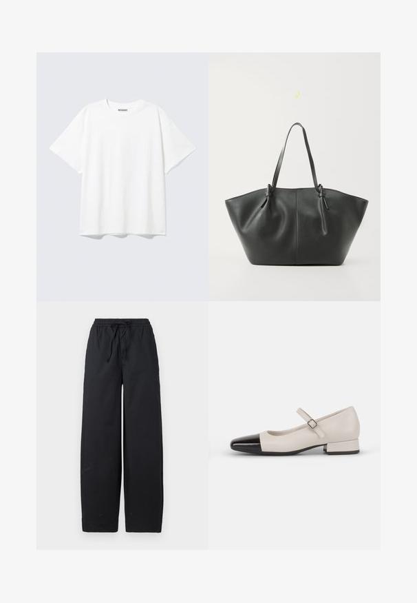 Camiseta blanca de manga corta con cuello redondo y un ajuste holgado, con una etiqueta "WEEKDAY" en la parte interior trasera del cuello.; Pantalones de pierna ancha negros, hechos de una tela suave, que presentan una cintura elástica con cordón y sin patrones ni acentos visibles.; Zapato estilo Mary Jane en cuero crema con puntera de charol negro. Presenta una punta redonda, tirante en el tobillo con una hebilla cuadrada y un tacón bajo y cuadrado.; Vero Moda VMDITTA - Bolso shopping - black