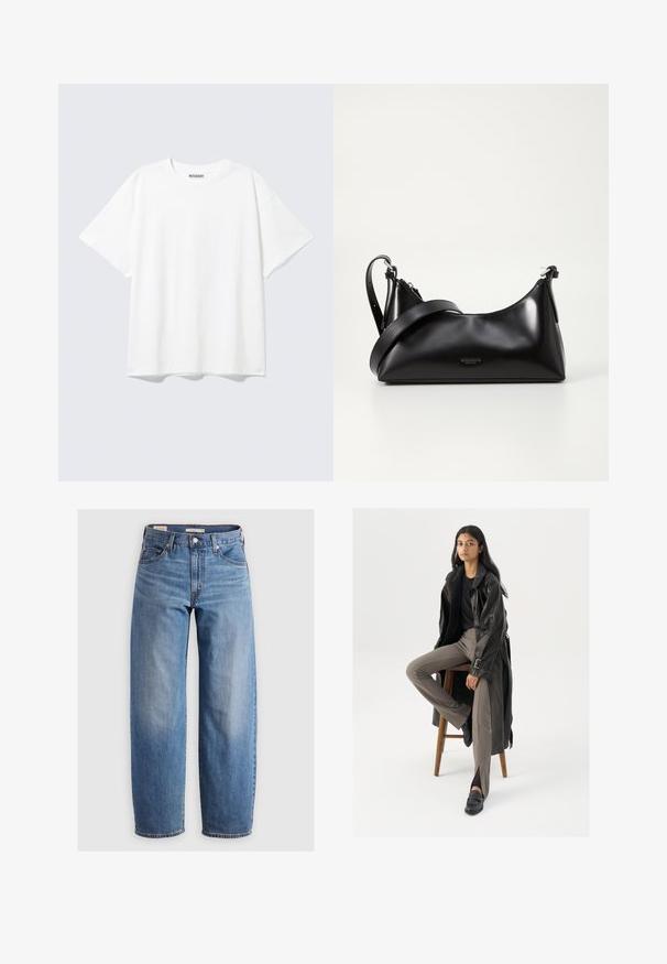 Weißes T-Shirt mit kurzen Ärmeln, Rundhalsausschnitt und entspanntem Schnitt mit einem "WEEKDAY" Etikett an der Innenseite des hinteren Halsbereichs.; Helleblaue, gerade geschnittene Jeans aus Denim. Merkmale ein klassisches Fünf-Taschen-Design und dezente Ausbleichungen entlang der Beine.; Schwarzer Leder-Trenchcoat mit Knöpfen und Gürtel-Detail, kombiniert mit hellbraunen, taillierten Hosen und schwarzen Slippern, sitzt auf einem Holzschemel.; Schwarze lederne Handtasche mit glatter Textur. Verfügt über einen verstellbaren Riemen und ein elegantes, minimalistisches Design mit einem Reißverschluss.