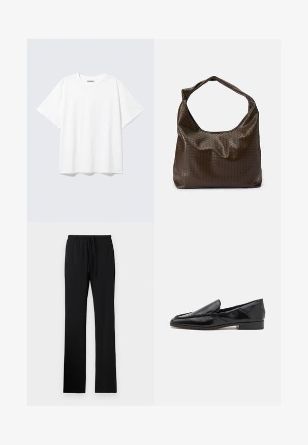 Camiseta blanca de manga corta con cuello redondo y un ajuste holgado, con una etiqueta "WEEKDAY" en la parte interior trasera del cuello.; Pantalones con cintura elástica negra y cordón, con una textura suave y piernas rectas de longitud completa sin bolsillos.; Mocasines de cuero negro con un acabado suave, que presentan un diseño cosido a lo largo del borde frontal y un tacón bajo y cuadrado.; Bolso de cuero trenzado marrón con una forma holgada, un solo asa y una superficie texturizada. Presenta un acabado suave y brillante y bordes redondeados.