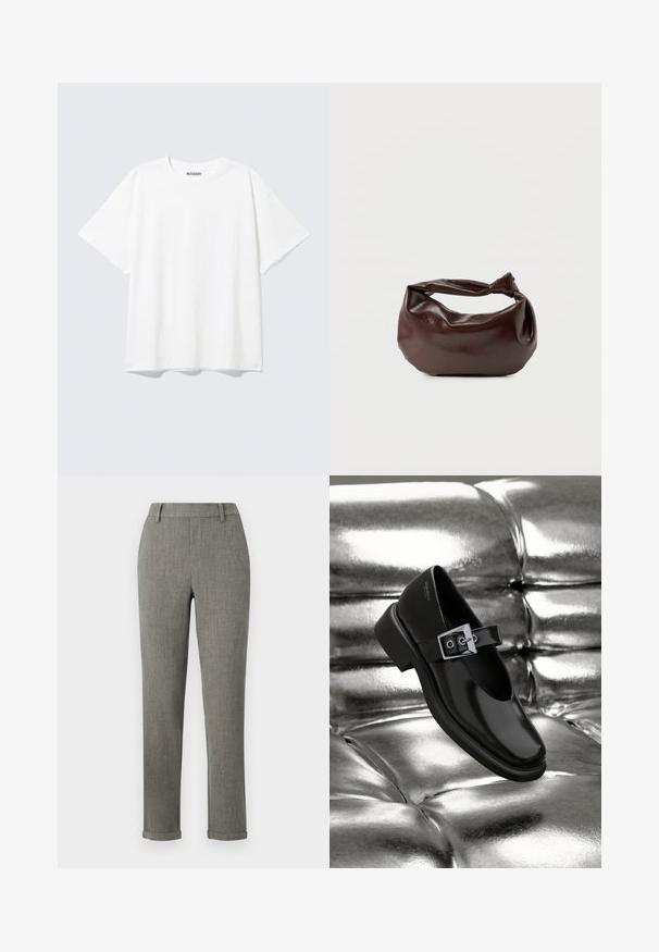 Camiseta blanca de manga corta con cuello redondo y un ajuste holgado, con una etiqueta "WEEKDAY" en la parte interior trasera del cuello.; Pantalones ajustados gris tailored con trabillas para cinturón y bajos remangados, adecuados para ropa formal o de oficina.; Zapato Mary Jane negro de cuero con punta cuadrada, acento de hebilla plateada y un tacón bajo y grueso, colocado sobre un fondo plateado brillante.; Bolso de hombro de cuero marrón oscuro con una forma suave y caída, y un asa con nudo torcido sobre un fondo blanco liso.