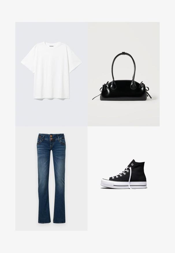 Hvid T-shirt med korte ærmer og rund halsudskæring med en afslappet pasform og et "WEEKDAY" mærke på indersiden af nakken bagtil.; Mørkeblå bootcut jeans med to frontknapper, fem lommer og subtil falmning på lår og knæ.; Sort high-top canvas sneaker med hvid gummisål og hvide snørebånd, vist fra siden mod en hvid baggrund.; Lille sort blank håndtaske med to lange håndtag og snøre-detaljer i siden på en ensfarvet lys baggrund.