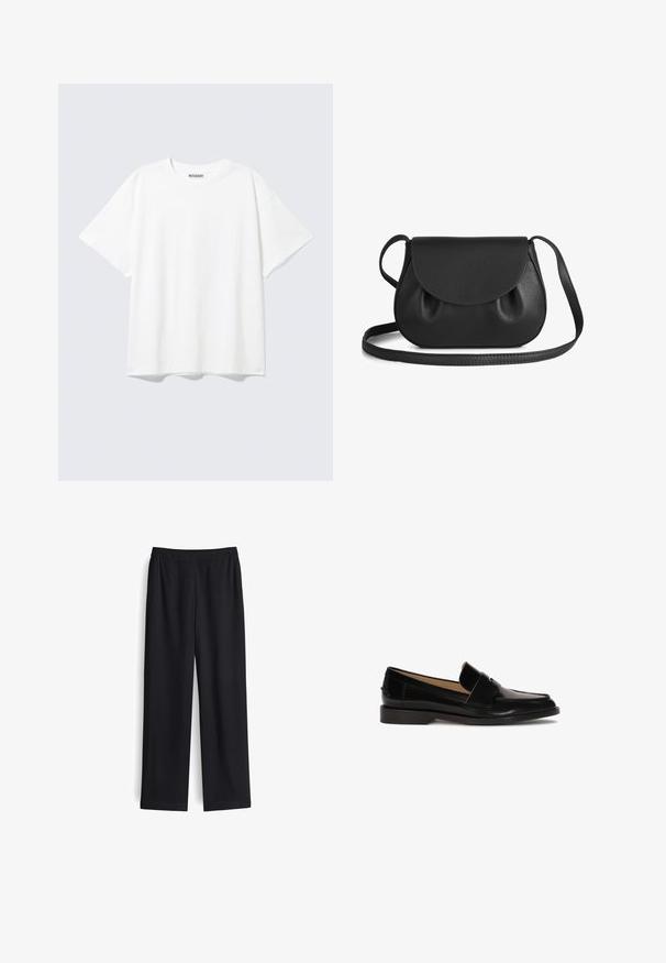 Weißes T-Shirt mit kurzen Ärmeln, Rundhalsausschnitt und entspanntem Schnitt mit einem "WEEKDAY" Etikett an der Innenseite des hinteren Halsbereichs.; Schwarze weite Hose aus glattem Stoff mit elastischem Bund und ohne sichtbare Taschen. Gerade Form mit sauberem Finish.; Schwarze Lederhalbschuhe mit glatter Oberfläche, abgerundeter Zehenpartie und einem dekorativen Riemen über der Vorderseite. Design mit niedrigem Blockabsatz.; Schwarze Leder-Crossbody-Tasche mit runder Form, ausgestattet mit einem Klappenverschluss und weichen, gerafften Akzenten. Verstellbarer Trageriemen für zusätzlichen Komfort.