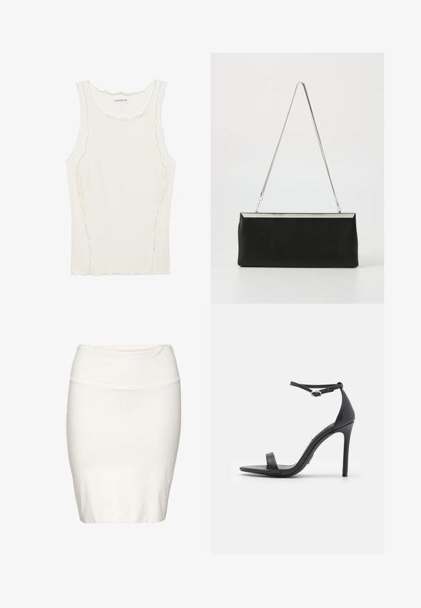 Hvid ærmeløs tank top lavet af ribbet stof, med en scalloped halsudskæring og subtle hævet syning langs kanterne.; Hvid knælang blyantskørt lavet af blødt, elastisk stof. Har et tætsiddende design med et glat taljebånd og minimale sømme.; Sorte højhælede sandaler med åben tå, tynde stropper og spænde om anklen. Glat lædertekstur med spidse tådesign.; Sort læder clutch taske med en sølvmetal kædehåndtag og en slank rektangulær form. Mat tekstur og minimalistisk design med en metallisk accent.