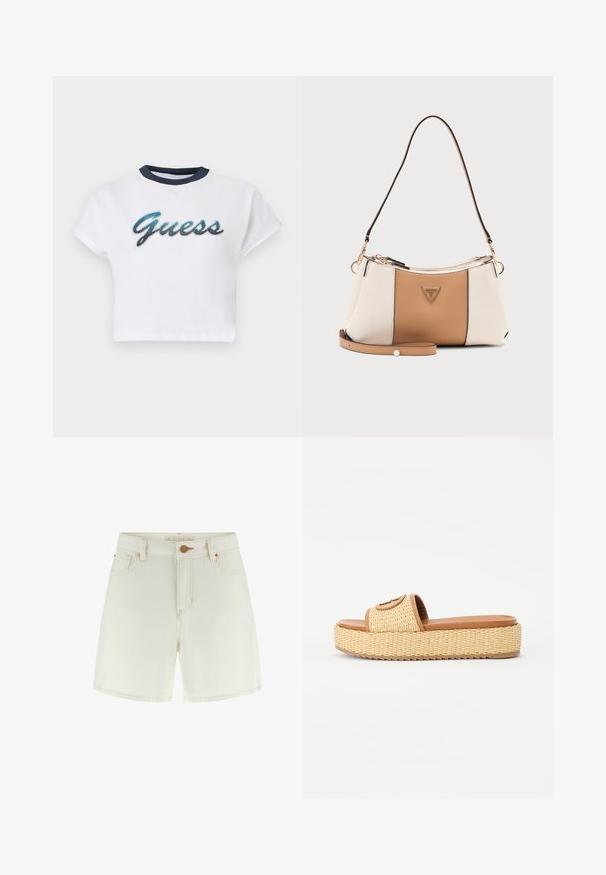 Wit kortgeknipt T-shirt met korte mouwen, marineblauwe kraag en "Guess"-logo in blauwe en zwarte letters op de borst.; Witte denim shorts met hoge taille, knoop aan de voorkant, riemlussen en voorzakken, weergegeven op een effen witte achtergrond.; Geweven stro slide sandalen met een tan kleurige faux leren band en een platformzool, voorzien van een textuur en een cirkelvormig accentdetail.; Kleine handtas met witte en beige panelen, driehoekig metalen logo in het midden, een korte schouderriem en een afneembare polsriem met pareldetail.