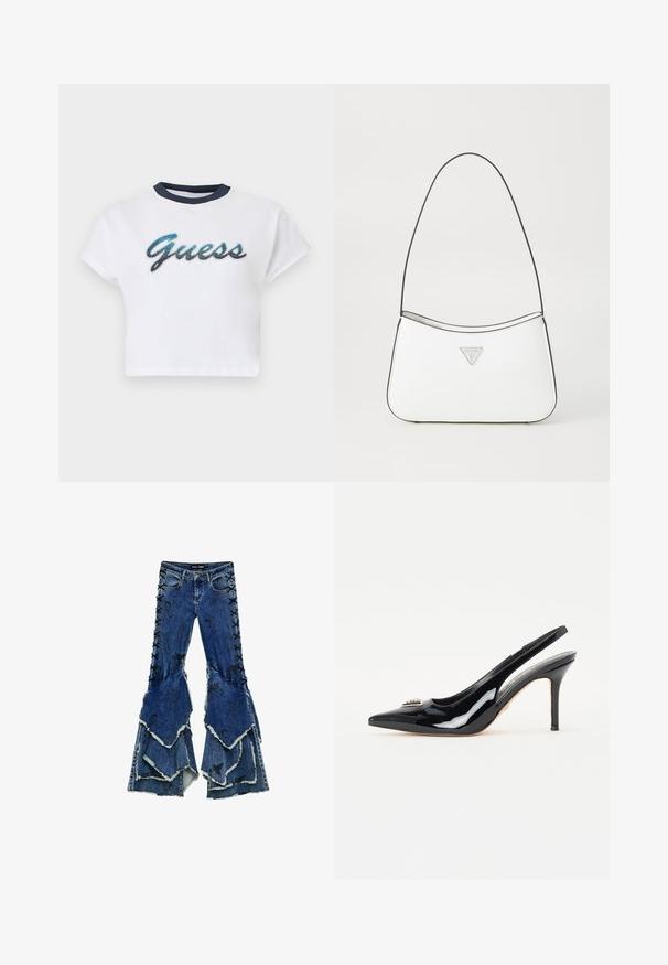 T-shirt blanc court à manches courtes, col bleu marine, avec le logo "Guess" en script bleu et noir sur la poitrine.; Jean en denim bleu à pattes d'éléphant avec une conception de volants superposés, présentant des détails lacés noirs sur les côtés et des bords effilochés.; Escarpins à talons slingback en cuir verni noir avec un bout pointu, un talon aiguille élancé et un ornement décoratif sur la tige.; Sac à main blanc au design élégant et incurvé, doté d'une fine bandoulière noire et d'un accent logo triangle argenté. Texture lisse et détails minimaux.