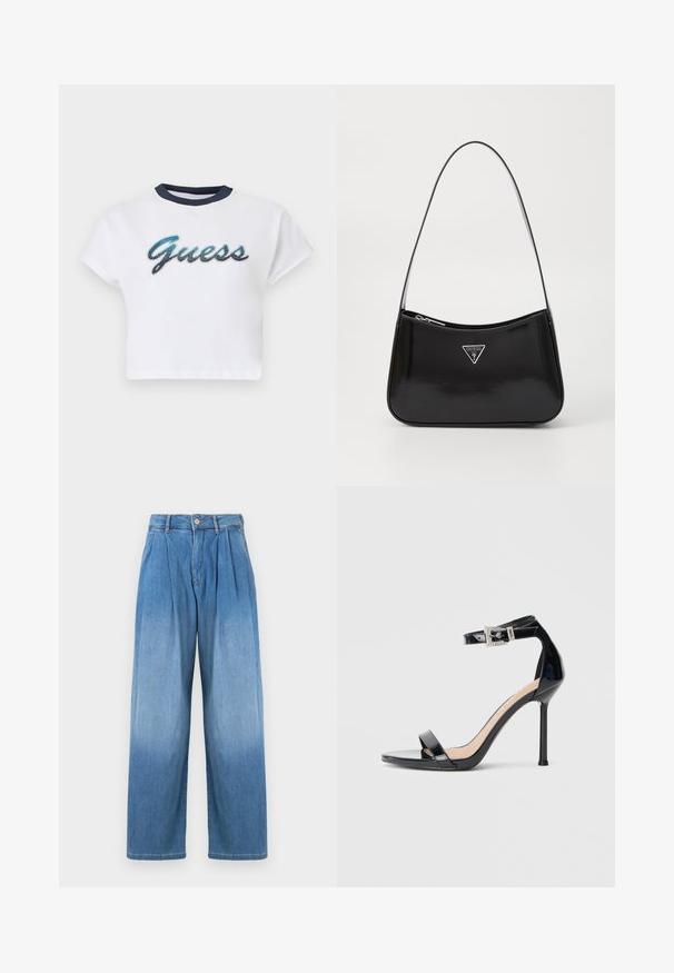 Hvid croppet t-shirt med korte ærmer, marineblå krave og "Guess"-logo i blå og sort skrift hen over brystet.; Lyseblå denimbukser med høj talje, afslappet vid pasform og frontfolder. Har knap- og lynlåslukning.; Sort højhælet sandal i laklæder med ankelrem. Har minimalistisk design, åben tå og spænde med rhinsten-detaljer.; Sort patenteret læder skuldertaske med en buet form, prydet med et sølvfarvet trekantet logo og en lynlås-lukning. Glat tekstur og slank rem.