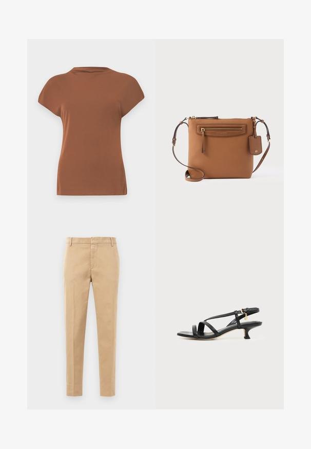Haut marron à manches courtes en tissu doux, avec un col rond et une coupe décontractée, au toucher doux et sans motifs visibles.; Pantalons en coton beige avec une coupe droite, dotés d'une fermeture éclair devant et de deux poches latérales. Aucun motif ou accent visible.; Sandale noire en cuir à brides fines, talon bas kitten, boucle à la cheville et petit pendentif doré sur fond clair uni.; Sacoche en cuir marron avec poche avant zippée, bandoulière réglable et étiquette logo suspendue sur fond blanc.