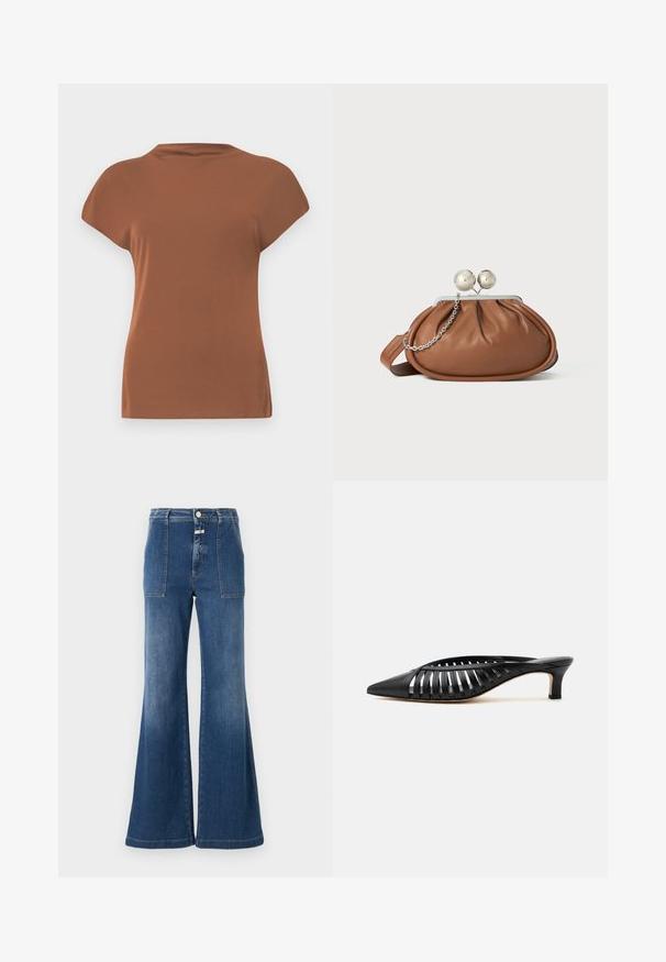 Haut marron à manches courtes en tissu doux, avec un col rond et une coupe décontractée, au toucher doux et sans motifs visibles.; Jeans évasés taille haute en denim bleu moyen avec une finition délavée. Dotés de poches plaquées et d'une fermeture à bouton. Ourlet propre.; Mule en cuir noir avec bout pointu, design découpé à brides et petit talon kitten sur fond blanc.; Pochette en cuir marron avec un fermoir à boule en argent et un petit détail en chaîne argentée sur fond blanc.