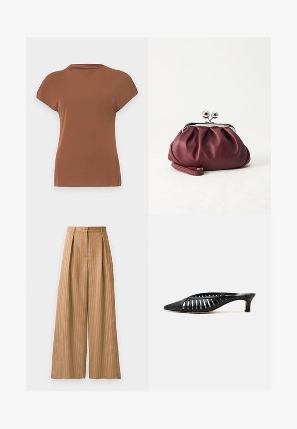 Haut marron à manches courtes en tissu doux, avec un col rond et une coupe décontractée, au toucher doux et sans motifs visibles.; Pantalons évasés en tissu beige avec des rayures blanches verticales. Comprend des plis à la taille et une texture lisse.; Mule en cuir noir avec bout pointu, design découpé à brides et petit talon kitten sur fond blanc.; Petit sac pochette en cuir bordeaux avec fermoir métallique argenté et bracelet sur fond blanc.