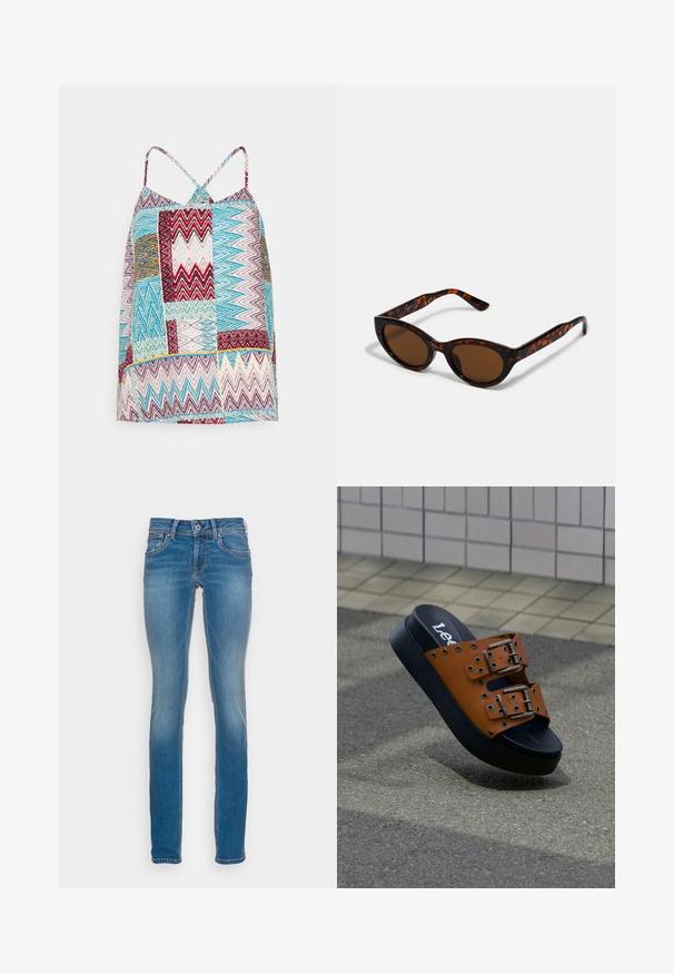 ONLY Tall ONLALMA LIFE CYRUS SINGLET - Top - molten lava zigzag rhombus; Lysblå denimjeans med slim fit, fem lommer og kontrasterende orange syninger, med knap- og lynlåslukning.; Brun læder-sandaler med to stropper med metalspænder og en tyk sort sål på en fliset udendørs overflade.; Brune skildpadde solbriller med en vintage katteøje-form og brune linser. Har buede arme med røde detaljer.