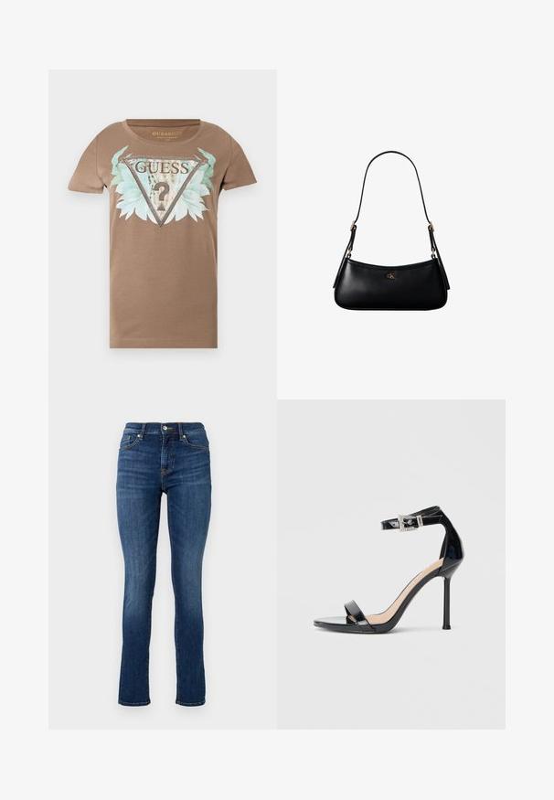 Brun T-shirt med korte ærmer med en stor udsmykket trekantet logo, blågrønne blade og teksten "GUESS U.S.A" på forsiden.; Mørkeblå skinny jeans lavet af denim, med en standard talje, frontlommer og diskrete syninger.; Sort højhælet sandal i laklæder med ankelrem. Har minimalistisk design, åben tå og spænde med rhinsten-detaljer.; Sort læder mini skuldertaske med tynd rem og lille gyldent CK-logo på fronten i midten.