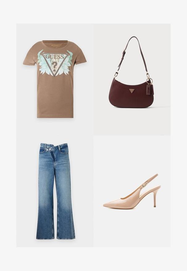 Brun T-shirt med korte ærmer med en stor udsmykket trekantet logo, blågrønne blade og teksten "GUESS U.S.A" på forsiden.; Lysblå denim flared jeans med høj talje, der har to knapper og forlommer. Stoffet har en falmet struktur med subtile variationer.; Beige laklæder højhælet slingback sko med spids tå og en lille gylden spænde-detalje på remmen.; Mørkebrunt tekstureret læder skuldertaske med justerbar rem, trekantet Guess-logo og to hængende lædermærker på gyldne ringe.