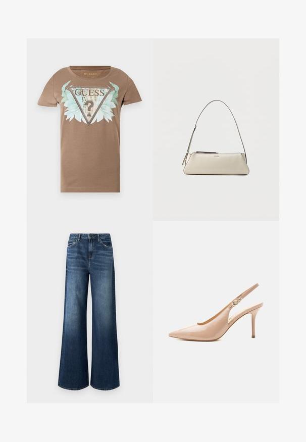 T-shirt marron à manches courtes avec un grand logo triangulaire orné, des feuilles bleu-vert et le texte "GUESS U.S.A" sur le devant.; Jean à jambes larges en denim bleu foncé, avec une taille haute, un design à cinq poches et un léger délavage avec une texture lisse.; Chaussure slingback beige en cuir verni à talon haut avec bout pointu et petit détail de boucle dorée sur la bride.; Petit sac à épaule en cuir beige avec une fine bandoulière et une fermeture éclair, orné d'un logo métallique discret au centre avant.