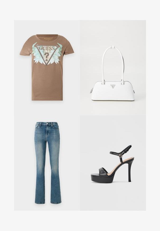Brun T-shirt med korte ærmer med en stor udsmykket trekantet logo, blågrønne blade og teksten "GUESS U.S.A" på forsiden.; Lys blå denim flared jeans med fem lommer, høj talje og sy detaljer. Stoffet viser en let falmet vask og en glat tekstur.; Sorte platformsandaler med høj stiletthæl, der har en glat læderoverdel, peep toe-design og en justerbar ankelrem med metalbeslag.; Hvid lædertaske med en buet form, der har et sølvtrapezlogo og lynlåslukning. Glat tekstur og dobbelthåndtag.