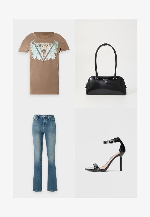Brun T-shirt med korte ærmer med en stor udsmykket trekantet logo, blågrønne blade og teksten "GUESS U.S.A" på forsiden.; Lys blå denim flared jeans med fem lommer, høj talje og sy detaljer. Stoffet viser en let falmet vask og en glat tekstur.; Sort højhælet sandal i laklæder med ankelrem. Har minimalistisk design, åben tå og spænde med rhinsten-detaljer.; Sort glanshandtaske med en buet silhuet, to håndtag og en frontlogo-plakette. Lynlås lukning og skinnende hardware-detaljer.