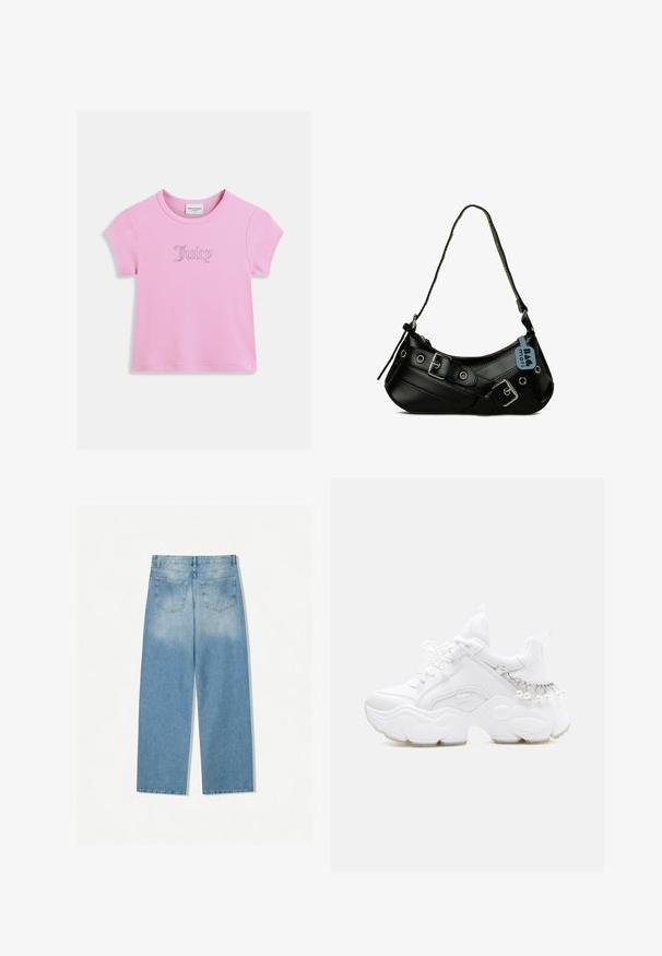 Pink kortærmet t-shirt lavet af bomuld med en glitrende "Juicy"-logo i script-skrift centralt placeret. Glat tekstur, rund halsudskæring.; Lysblå denimjeans med lige ben-design, som har to baglommer og en falmet tekstur i de øverste sektioner.; Hvid chunky sneaker med tyk sål, snørelukning foran og kædedetalje med hængende perler på hælen.; Sort syntetisk håndtaske med en buet form, justerbar rem og dekorative metalspænder. Har en glat, blank tekstur.