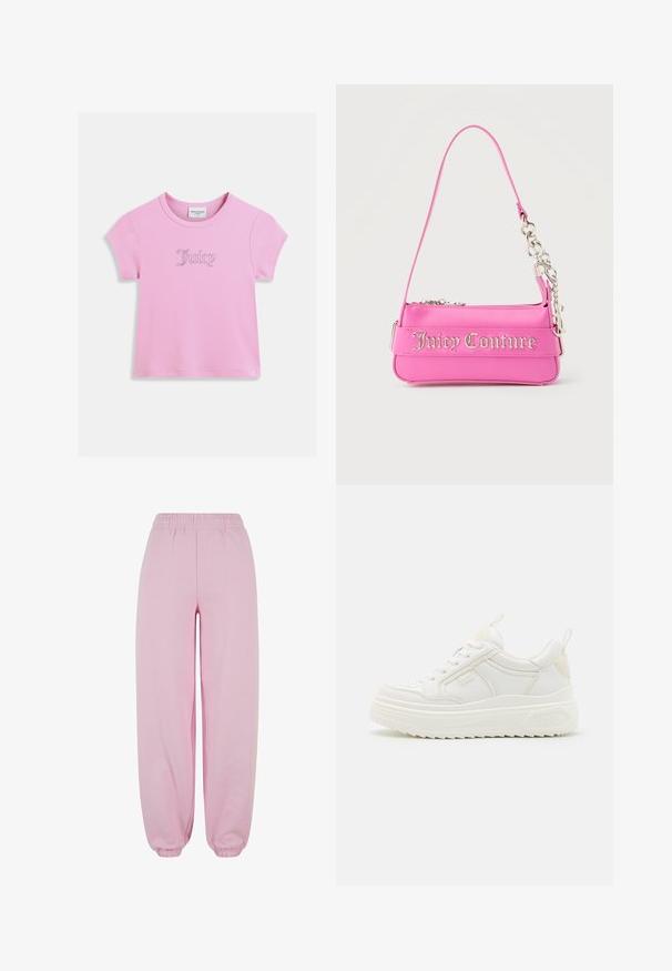 Pink kortærmet t-shirt lavet af bomuld med en glitrende "Juicy"-logo i script-skrift centralt placeret. Glat tekstur, rund halsudskæring.; Urban Classics Træningsbukser - softpink; Hvide lædersneakers med en kraftig sål, snørebåndsdesign og subtil branding. Har en glat overflade og rund tå.; Lille lys pink Juicy Couture håndtaske med sølvkædedetalje og logotekst på forsiden, enkelt smalt skulderrem.