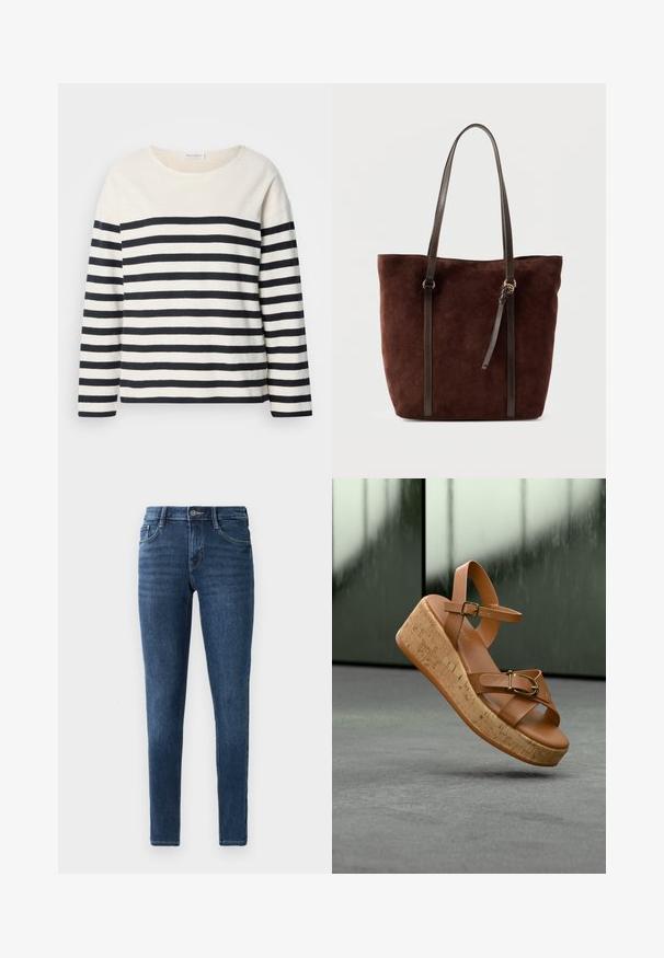 Langærmet top med en cremefarvet base og marineblå vandrette striber. Har en rund udskæring og en afslappet pasform. Blødt bomuldsstof.; Mørkeblå denim skinny jeans med et klassisk fem-lomme design, frontknaplukning og subtile syninger. Glat tekstur hele vejen igennem.; Brun læder kile sandal med korkplatform, ankelrem med spænde og detalje med guldfarvet spænde på forreste stropper, vist mod en sløret baggrund.; Mørkebrun ruskindstaske med lange slanke læderhåndtag og en lille læderkvast på en glat baggrund.