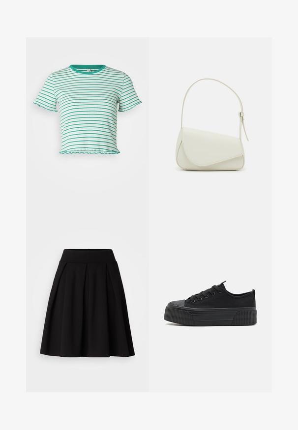 ONLY Petite ONLMETTI BOX - T-shirts print - deep mint/blues; Sort plisseret nederdel lavet af blødt stof, med en høj talje og en udvidet A-form, velegnet til forskellige anledninger.; Svarte lærersneakers med en ribbet gummisål, rund tå og seks snørrehuller. Glat tekstur med en kontrasterende ribbet detalje på bunden.; Hvid taske i faux læder med en struktureret trekantet form, enkelt justerbart skulderstrop og en flaplås med kurver.