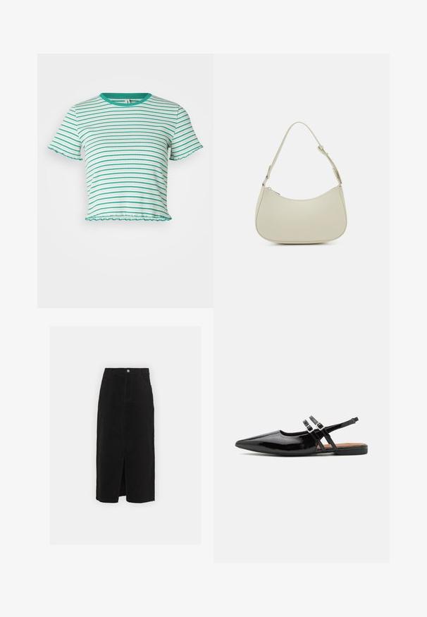 ONLY Petite ONLMETTI BOX - T-shirt print - deep mint/blues; Zwarte denim midi-rok, met een split aan de voorkant, een klassieke vijf-pocket ontwerp en een zilveren knoopsluiting in de taille.; Zwarte gepatineerde leren slingback schoenen hebben een spitse neus, twee banden met gespsieraden en een platte zool.; Pieces PCALUANA SHOULDER BAG - Handtas - birch
