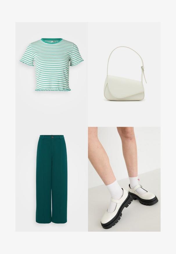 ONLY Petite ONLMETTI BOX - Printtipaita - deep mint/blues; Even&Odd Petite Housut - dark green; Valkoiset patenttNahka Mary Jane -kengät, joissa on paksu musta pohja, ja joissa on hihna jalkapöydän yli, käytettyjen valkoisten sukkien kanssa.; Valkoinen keinonahkainen käsilaukku, jossa on jämäkkä kolmion muoto, yksi säädettävä olkahihna ja kaareva läppäkiinnitys.