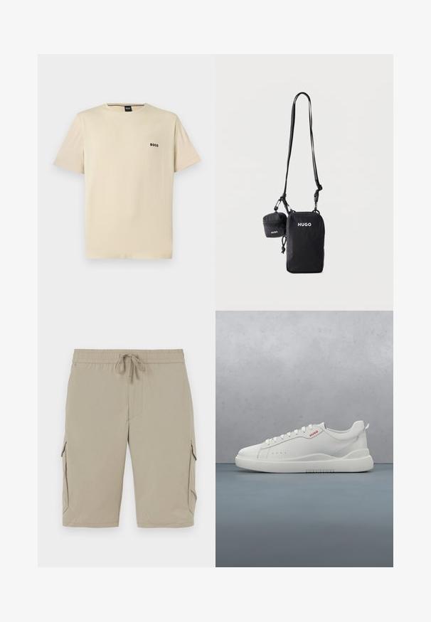 T-shirt beige à manches courtes avec col rond et petit logo noir « BOSS » sur la poitrine gauche.; Shorts cargo beiges avec une taille élastique et un cordon de serrage. Comprend des poches latérales et un tissu lisse et léger.; Sneaker blanche avec une finition en cuir lisse, bout rond, quatre œillets, perforations subtiles et un détail de logo rouge sur le côté.; Sac bandoulière noir et petite pochette assortie, toutes deux ornées du logo blanc "HUGO", avec sangle réglable et fermetures éclair, suspendues devant un fond uni.