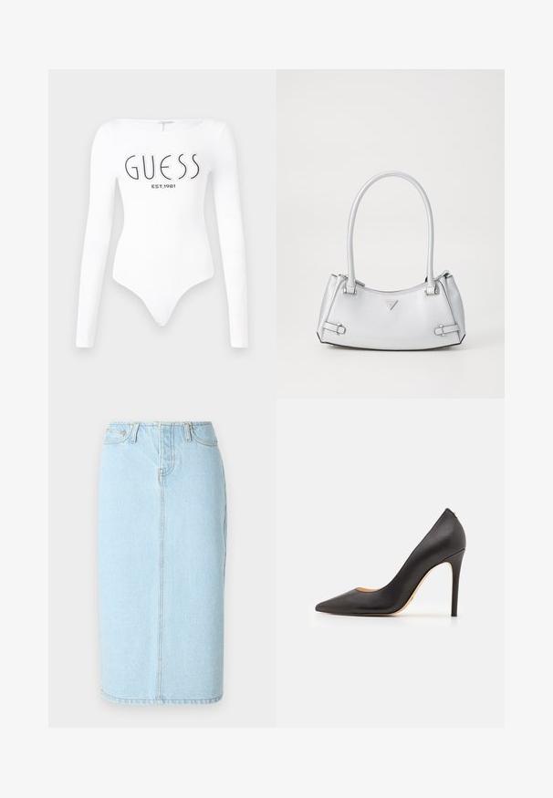 Valge pika varrukaga bodi ümarate kraega. Ees on musta värviga prinditud "GUESS" logo ja "EST.1981". Sile tekstuur.; Heledsinine denimpencil-seelik, millel on kõrge talje, viie taskuga disain ja peened õmbluse detailid.; Mustast nahast kõrge kontsaga kingad, terava varbaga, sileda tekstuuriga ja kitsa kontsaga. Minimalistlik disain, nähtavaid metallosaideta.; Hõbe käekott, millel on struktureeritud disain, kahe sangaga, läikiva tekstuuriga, aksessuaaride detailidega ja kolmnurkse logoga esiküljel.