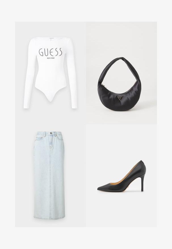 Hvid langærmet bodystocking med rund halsudskæring. Har "GUESS" logo og "EST.1981" trykt i sort på forsiden. Glat tekstur.; Lyseblå denim maxi-nederdel med lige design, frontknaplukning og synlige syninger. Har to frontlommer.; Sort læder spidse stiletto hæle med høj hæl, der har en glat overflade og minimalistisk design. Indersiden er foret i tan farve.; Sort satin håndtaske med en buet form, der har en lynlåslukning og et trekantet logo i metal på forsiden. Glat tekstur og slankt design.