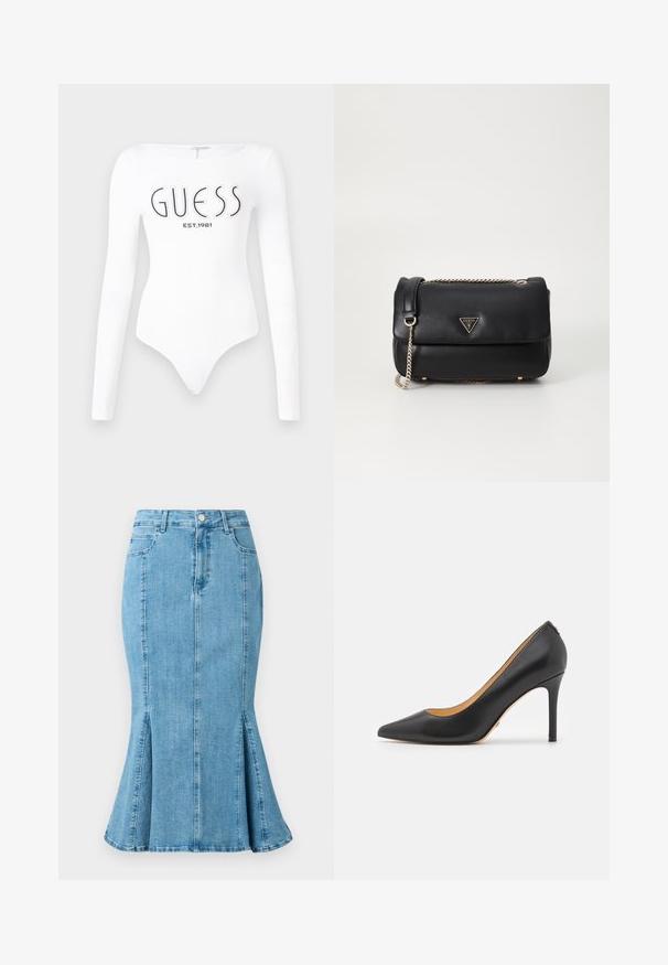 Hvid langærmet bodystocking med rund halsudskæring. Har "GUESS" logo og "EST.1981" trykt i sort på forsiden. Glat tekstur.; Lyseblå denim blyantskirt med flared nederdel og slidser i siden, med en frontknaplukning og lommer. Enkel, ren design.; Sort læder spidse stiletto hæle med høj hæl, der har en glat overflade og minimalistisk design. Indersiden er foret i tan farve.; Sort læder skuldertaske med guldkæde og trekantet Guess-logo på frontklappen, sat mod en simpel hvid baggrund.