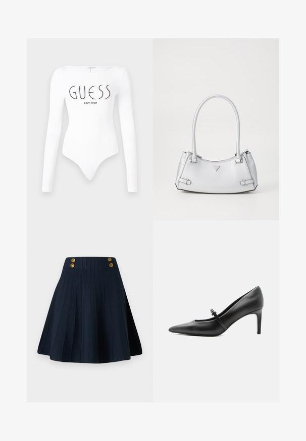 Witte lange mouw bodysuit met een ronde hals. Voorzien van het 'GUESS' logo en 'EST.1981' in het zwart gedrukt op de voorkant. Soepele textuur.; Marineblauwe geplooide rok met een gestructureerde stof, hoge tailleband en twee gouden knopen aan de voorkant, wat zorgt voor een strakke lijn en een gestructureerde vorm.; Zwarte leren pumps met puntige neus, dunne riem en gesp over de wreef, staand op een neutrale lichte achtergrond.; Zilveren handtas met een gestructureerd ontwerp, voorzien van twee handvatten, een glanzende textuur, opvallende hardware en een driehoekig logo aan de voorkant.
